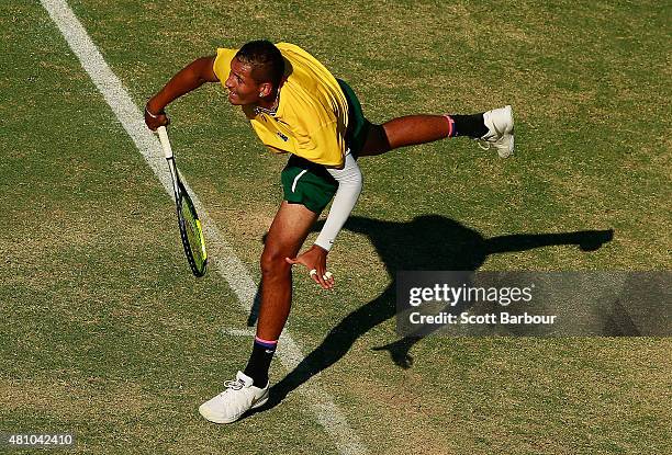 Nick Kyrgios of Australia serves in his singles match against Aleksandr Nedovyesov of Kazakhstan during day one of the Davis Cup World Group...