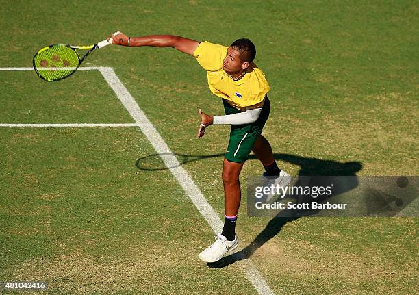 Nick Kyrgios of Australia serves in his singles match against Aleksandr Nedovyesov of Kazakhstan during day one of the Davis Cup World Group...