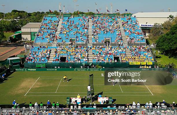 General view as Nick Kyrgios of Australia plays against Aleksandr Nedovyesov of Kazakhstan during day one of the Davis Cup World Group quarterfinal...