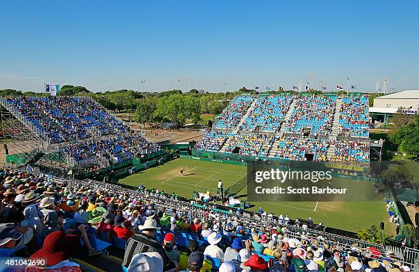 General view as Nick Kyrgios of Australia plays against Aleksandr Nedovyesov of Kazakhstan during day one of the Davis Cup World Group quarterfinal...