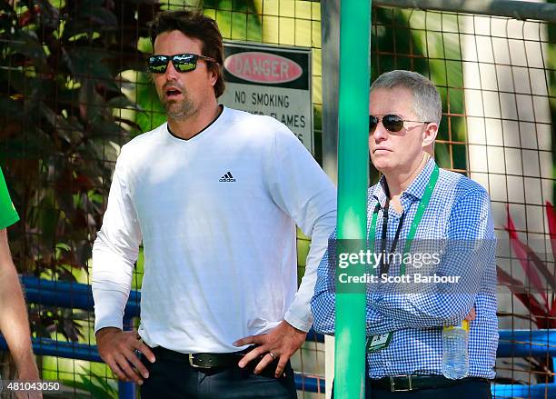 Pat Rafter and Craig Tiley, CEO, Tennis Australia look on from courtside as Nick Kyrgios of Australia reacts in his match against Aleksandr...