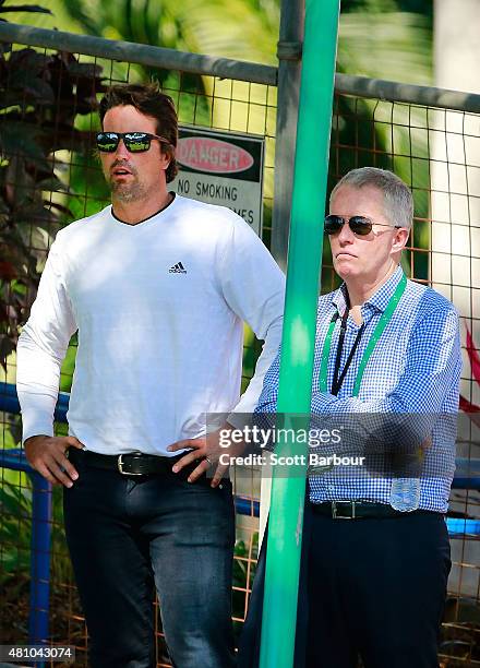 Pat Rafter and Craig Tiley, CEO, Tennis Australia look on from courtside as Nick Kyrgios of Australia reacts in his match against Aleksandr...