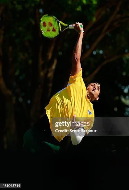 Nick Kyrgios of Australia serves in his singles match against Aleksandr Nedovyesov of Kazakhstan during day one of the Davis Cup World Group...