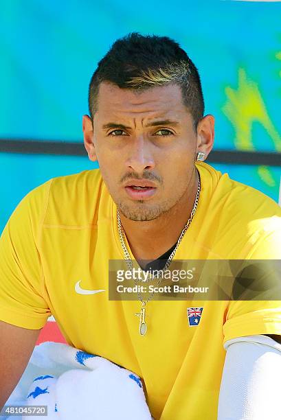 Nick Kyrgios of Australia reacts in his match against Aleksandr Nedovyesov of Kazakhstan during day one of the Davis Cup World Group quarterfinal tie...