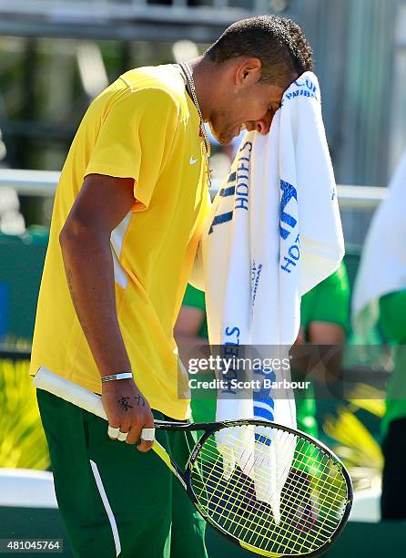 Nick Kyrgios of Australia reacts in his match against Aleksandr Nedovyesov of Kazakhstan during day one of the Davis Cup World Group quarterfinal tie...