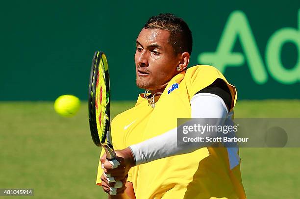 Nick Kyrgios of Australia plays a backhand in his singles match against Aleksandr Nedovyesov of Kazakhstan during day one of the Davis Cup World...