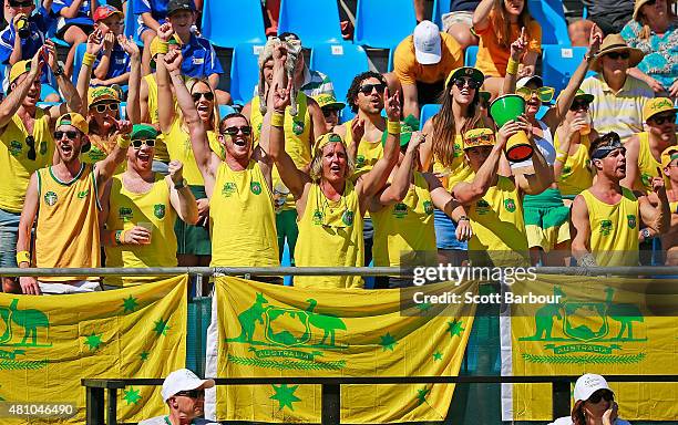 Australia fans in the crowd show their support as Nick Kyrgios of Australia plays in his singles match against Aleksandr Nedovyesov of Kazakhstan...