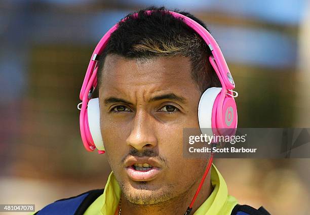 Nick Kyrgios of Australia looks on as he arrives to play against Aleksandr Nedovyesov of Kazakhstan during day one of the Davis Cup World Group...