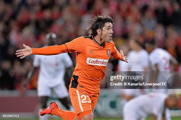 Dimitri Petratos of the Roar celebrates scoring a goal during the international friendly match between Brisbane Roar and Liverpool FC at Suncorp...