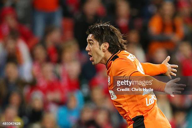 Dimitri Petratos of the Roar celebrates a goal during the international friendly match between Brisbane Roar and Liverpool FC at Suncorp Stadium on...