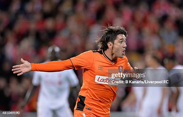 Dimitri Petratos of the Roar celebrates scoring a goal during the international friendly match between Brisbane Roar and Liverpool FC at Suncorp...