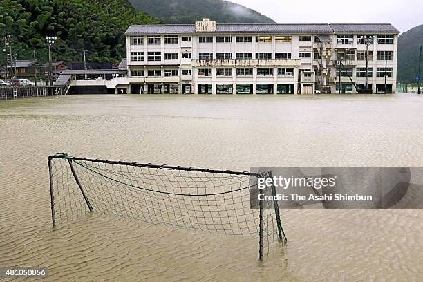 School ground of the Kamodani Junior High School is inundated due to the heavy rain triggered by Thphoon Nangka on July 17, 2015 in Anan, Tokushima,...