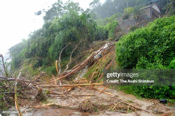 Landslide site is seen due to the heavy rain triggered by Thphoon Nangka on July 17, 2015 in Bizen, Okayama, Japan. One man was killed, another was...