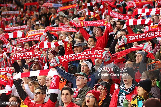 Liverpool FC fans sing "You'll never walk alone" before the start of the international friendly match between Brisbane Roar and Liverpool FC at...
