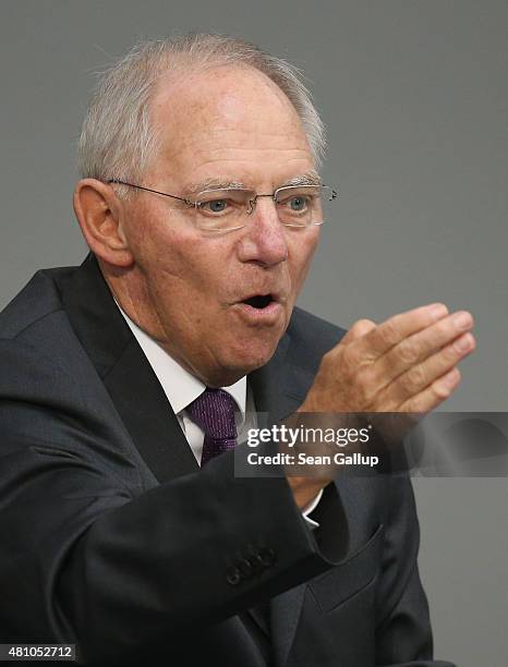 German Finance Minister Wolfgang Schaeuble speaks during debates prior to a vote over the third EU financial aid package to Greece at an...