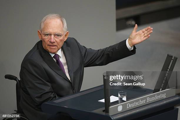 German Finance Minister Wolfgang Schaeuble speaks during debates prior to a vote over the third EU financial aid package to Greece at an...