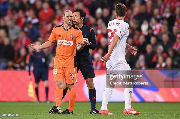 Luke Brattan of the Roar reacts during the international friendly match between Brisbane Roar and Liverpool FC at Suncorp Stadium on July 17, 2015 in...