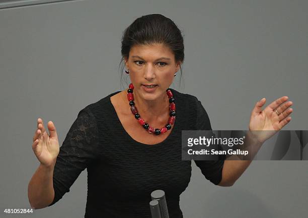 Sahra Wagenknecht of the left-wing political party Die Linke speaks during debates prior to a vote over the third EU financial aid package to Greece...