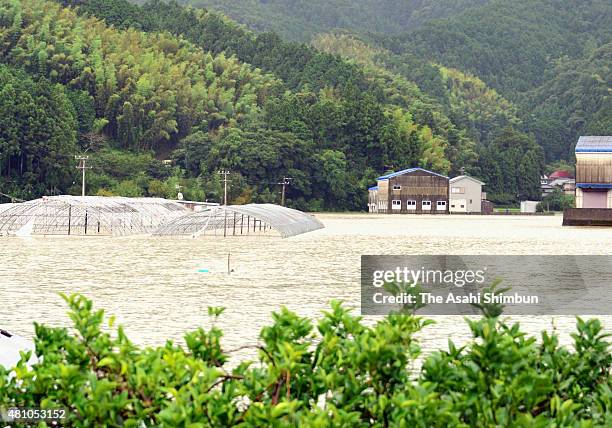 Rice paddy and field are inundated after the Nakagawa River is flooded due to the heavy rain triggered by Thphoon Nangka on July 17, 2015 in Anan,...