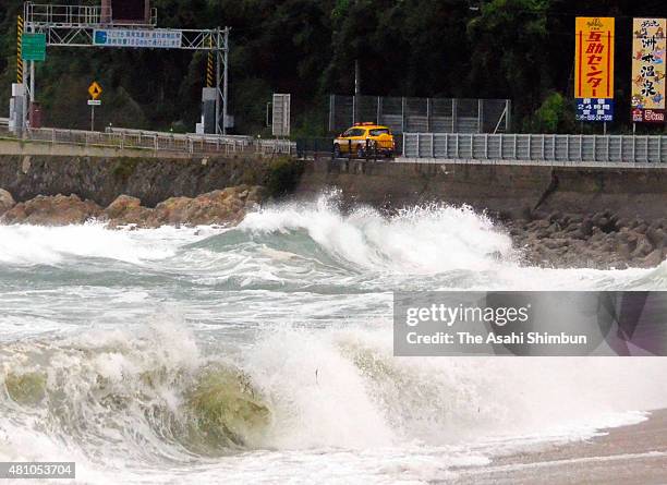 High waves splash at a beach as the Typhoon Nangka approaching on July 16, 2015 in Sumoto, Hyogo, Japan. The typhoon is expected to hit Western Japan.