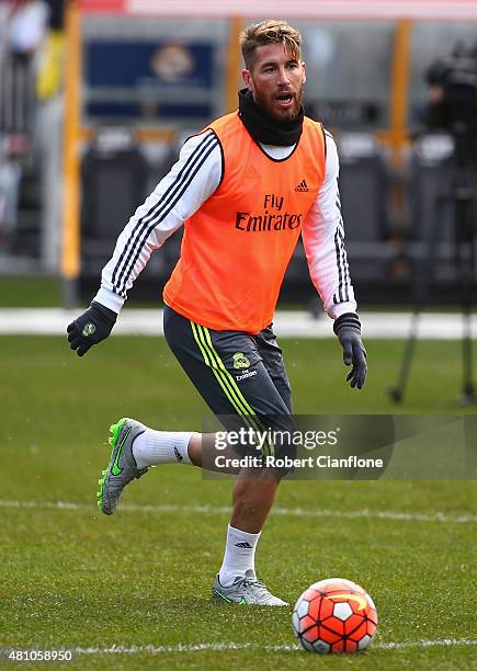 Sergio Ramos of Real Madrid controls the ball during a Real Madrid training session at Melbourne Cricket Ground on July 17, 2015 in Melbourne,...