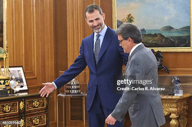 King Felipe VI of Spain receives President of the Catalunya Generalitat regional government Artur Mas at the Zarzuela Palace on July 17, 2015 in...