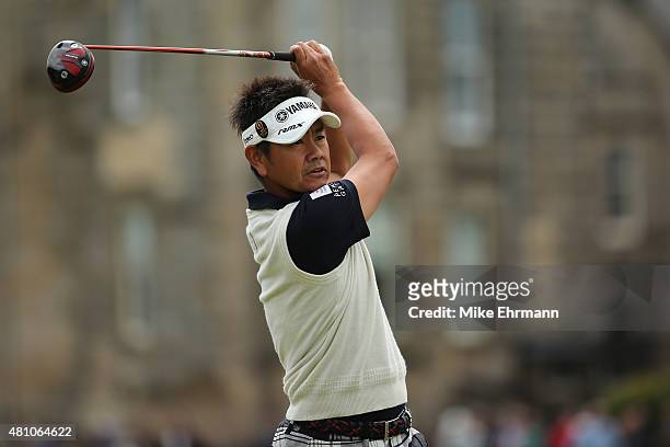 Hiroyuki Fujita of Japan tees off on the 2nd hole during the second round of the 144th Open Championship at The Old Course on July 17, 2015 in St...