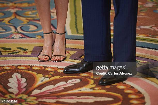 King Felipe VI of Spain and Queen Letizia of Spain, shoes detail, receive "Europa Scholarship" pupils at the Zarzuela Palace on July 17, 2015 in...