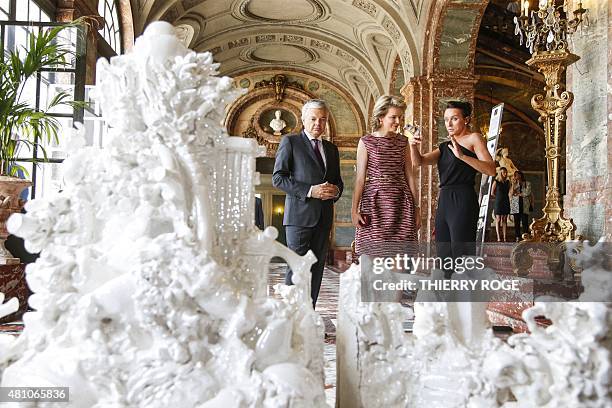 Vice-Prime Minister and Foreign Minister Didier Reynders , Queen Mathilde of Belgium and Nadia Naveau pictured during the inauguration of the...