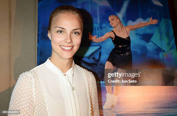 Finnair Ambassador and figure skater Kiira Korpi poses for photographs on March 28, 2014 in Tokyo, Japan.