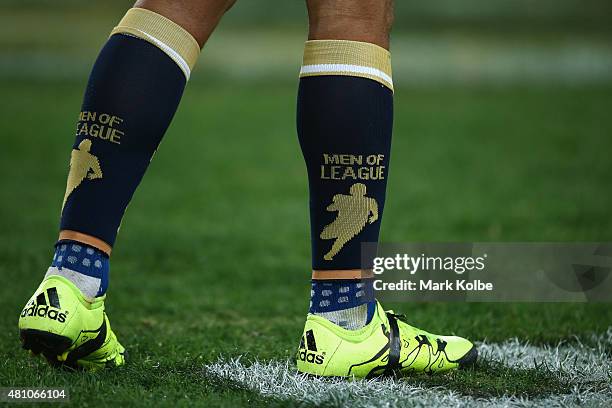 The "Men of League" socks of Will Hopoate of the Eels are seen during the round 19 NRL match between the Parramatta Eels and the Canterbury Bulldogs...