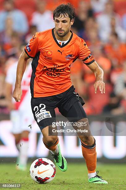 Thomas Broich of the Roar kicks the ball during the round 25 A-League match between Brisbane Roar and Melbourne Heart at Suncorp Stadium on March 28,...