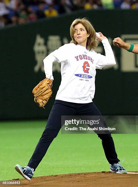 Ambassador to Japan Caroline Kennedy throws the memorial first pitch prior to the Japanese Professional Baseball Central League opening match between...