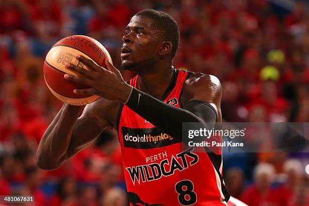 James Ennis of the Wildcats shoots a free throw during game one of the NBL Semi Final series between the Perth Wildcats and the Wollongong Hawks at...