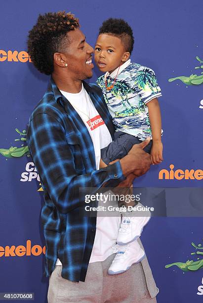 Player Nick Young and son Nick Young Jr. Arrive at the Nickelodeon Kids' Choice Sports Awards 2015 at UCLA's Pauley Pavilion on July 16, 2015 in...