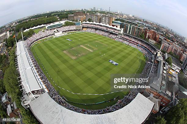 An elevated general view of the ground during day one of the 2nd Investec Ashes Test match between England and Australia at Lord's Cricket Ground on...