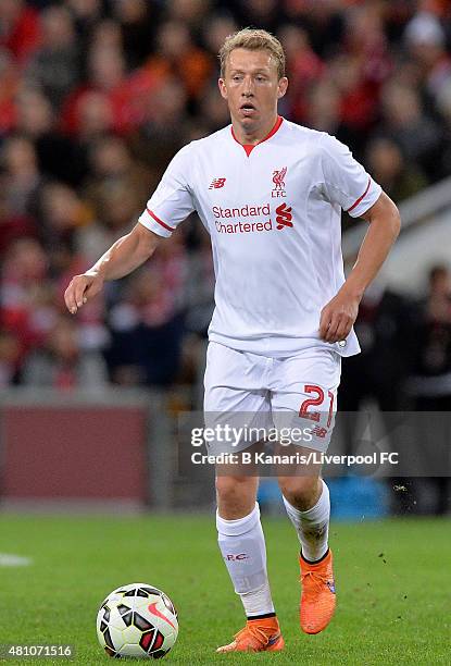 Lucas Leiva of Liverpool runs with the ball during the international friendly match between Brisbane Roar and Liverpool FC at Suncorp Stadium on July...