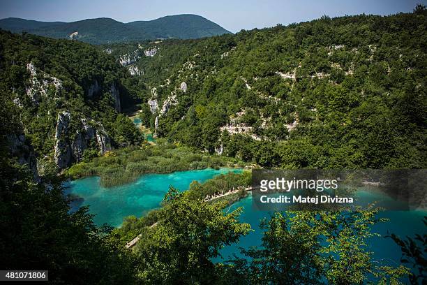 General view of lakes at Plitvice Lakes National Park on July 6, 2015 near Plitvicka Jezera, Croatia. Plitvice Lakes National Park is Croatia's...