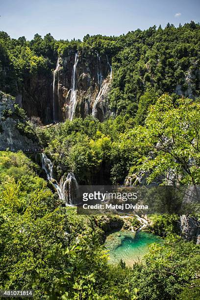 General view of the Big Waterfall at Plitvice Lakes National Park on July 6, 2015 near Plitvicka Jezera, Croatia. Plitvice Lakes National Park is...