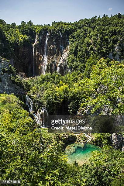 General view of the Big Waterfall at Plitvice Lakes National Park on July 6, 2015 near Plitvicka Jezera, Croatia. Plitvice Lakes National Park is...
