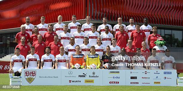 Players and team members of the German first division Bundesliga football team VfB Stuttgart pose during the team presentation in Stuttgart,...