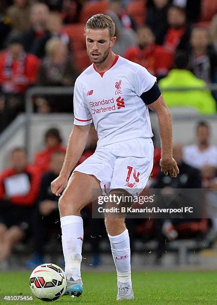 Jordan Henderson of Liverpool in action during the international friendly match between Brisbane Roar and Liverpool FC at Suncorp Stadium on July 17,...