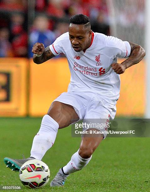 Nathaniel Clyne of Liverpool kicks the ball during the international friendly match between Brisbane Roar and Liverpool FC at Suncorp Stadium on July...