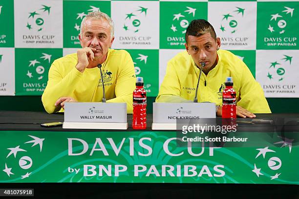 Nick Kyrgios of Australia and Wally Masur, captain of Australia speak to the media during a press conference after day one of the Davis Cup World...