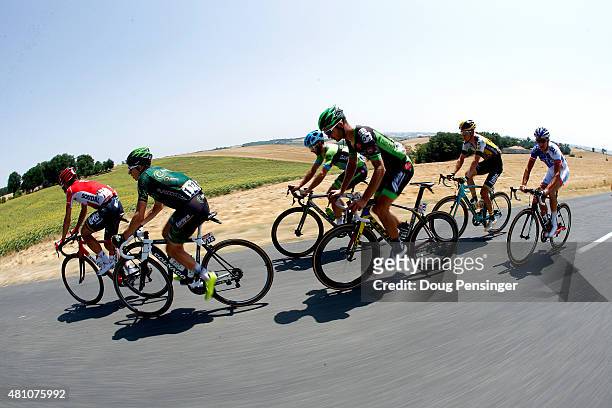 Members of the breakaway group Thomas de Gendt of Belgium and Lotto-Soudal, Cyril Gautier of France and Team Europcar, Nathan Haas of Australia and...