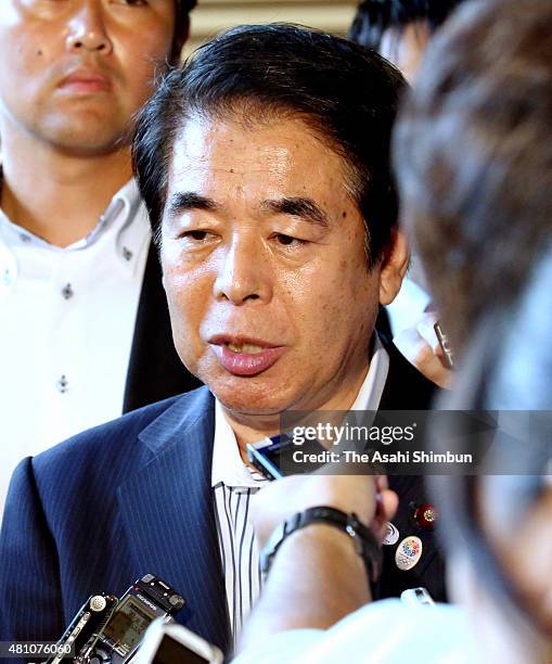 Education minister Hakubun Shimomura speaks at Prime Minister Shinzo Abe's official residence on July 17, 2015 in Tokyo, Japan. Prime Minister Shinzo...