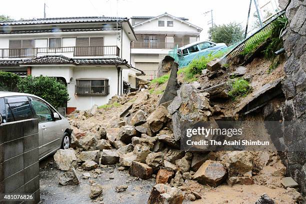Landslide site is seen due to the heavy rain triggered by Thphoon Nangka on July 17, 2015 in Kobe, Hyogo, Japan. One man was killed, another was...