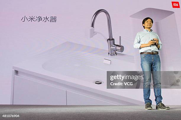 Lei Jun, Chairman and CEO of Xiaomi Technology and Chairman of Kingsoft Corp., delivers a speech at a launch event for Xiaomi's Mi TV 2S on July 16,...