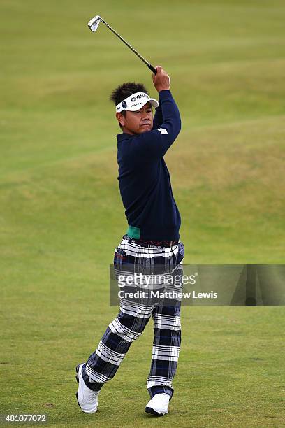 Hiroyuki Fujita of Japan plays his second shot on the 4th hole during the second round of the 144th Open Championship at The Old Course on July 17,...