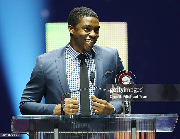 Male Star of Tomorrow award winner Chadwick Boseman speaks onstage during The CinemaCon Big Screen Achievement Awards at Cinemacon 2014 - Day 4 held...